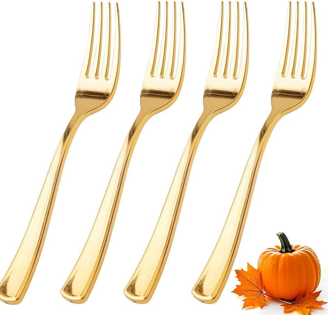WDF 100 Pcs Gold Plastic Forks Heavy Duty - BPA-FREE, Sturdy&Durable Forks Disposable 7.4inch - Elegant Gold Forks for Dessert, Durable Plastic Cutlery for Thanksgiving Party, Wedding or Daily Using