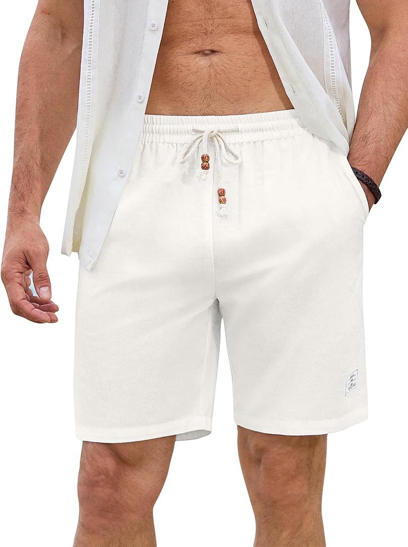 JMIERR Mens Shorts Linen Cotton 7" Casual Elastic Waist Drawstring Lightweight Summer Beach Shorts with Pockets (White, L)