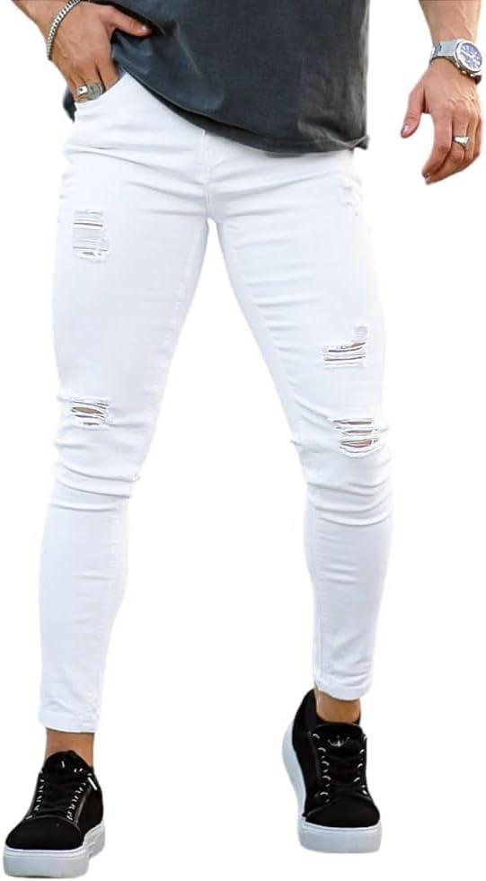 GINGTTO Mens Skinny Jeans Stretch Ripped Jeans Pants Men (White)