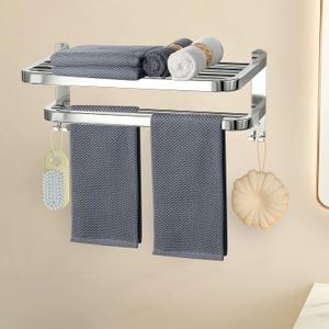 DDS-DUDES 15 Inch Bathroom Towel Rack Towel Shelf with Double Towel Bars Lavatory Wall Mount Holder with Hooks Stainless Steel Hotel Bath Rack