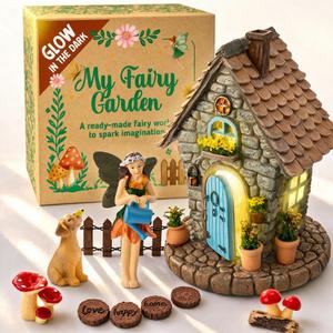 Fairy Garden Kit – 11-Piece Fairy House Set - 7.1" High Fairy House for Outside with Open Door & Solar Light, Fairy & Dog Figurines, Mushrooms & Miniature Accessories – Outdoor Decor Gift