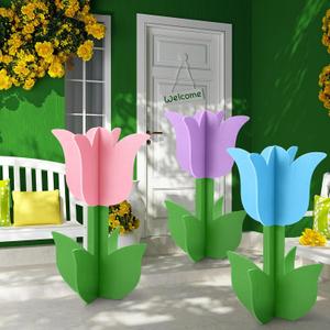 3 Pcs Spring Outdoor Tulip Decorations 3D Large Wooden Tulip Yard Signs Rustic Flower Porch Decorations for Home Spring Party Porch Yard Garden Front Door, 15.75 Inch