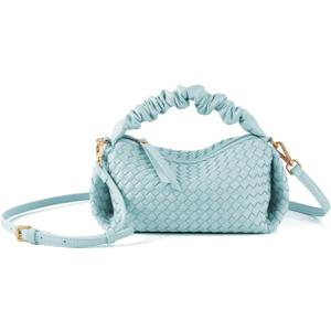 Women's Small Vegan Leather Tote Bag - Compact Woven Shoulder Purse for Daily Use, Retro Handmade Mini Bag (Z03-baby Blue)
