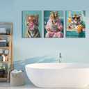 3Pcs Funny Tiger Bathroom Canvas Wall Art Trendy Preppy Tiger Bathroom Wall Decor Prints Fashion Sunglasses Animal Toilet Paintings Pictures for Washroom Toilet Home Decoration 12x16in Framed