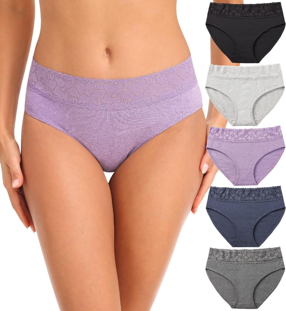 Womens Underwear Cotton Lace Panties Soft Bikini Panty Comfortable Hipster Stretch Full Ladies Briefs 5 Pack (Large, Purple)