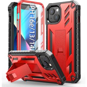 for iPhone 13/14 Protective Case: for iPhone 16e Cover Heavy Duty Military Grade Hard Protection Shock Proof Grip | Durable Dual-Layer Design with Built-in Kickstand Red
