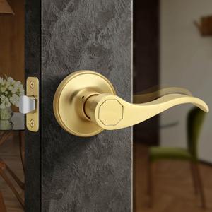 Moquin Brushed Gold Wave Design Passage Door Lever Without Keys and Lock, Reversible Door Handle for Right/Left Side Closet/Hallway Door Lock in Satin Brass Finish (1 Pack)