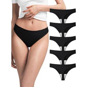 REORIA High Waisted Thongs for Women Breathable Seamless Thong Panties Sexy No Show Underwear 5 Pack (Black, S)