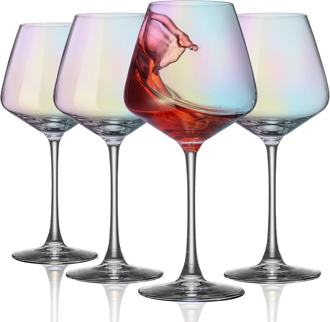PTSTING Wine Glasses Iridescent Wine Glass 15.5oz Red Wine Glasses Set of 4 Burgundy Wine Glass for Wine Tasting, Wedding Gift, Anniversary, Christmas, Birthday (Rainbow (4 Pack))