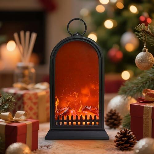 Fireplace Lanterns Decorative,Portable Vintage Electric Fake Fireplace Light with LED Realistic Flame Effect USB Rechargeable Battery Powered Small Fire Lamp Indoor Outdoor Christmas Decor (Black)