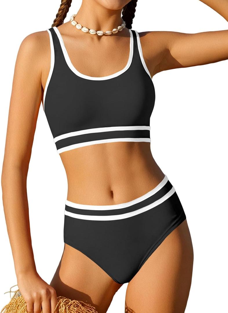 Girls Swimsuit Double Strap High Waist Sporty Bikini Swimsuits Swim Cover Up Skirt 3 Piece Set (13-14 Years, Black)