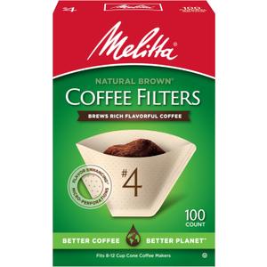 Melitta #4 Cone Coffee Filters, Natural Brown, 100 Count Filters - Fits all 8-12 Cup Cone Coffee Makers and Pour-Overs, Compostable, Tear-Resistant