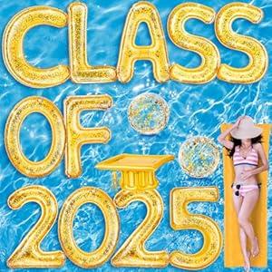 Sumind 15 Pcs Large Class of 2025 Graduation Pool Float 15 x 20 Inch Inflatable Letter Float Glitter Grad Party Decor 2025 Graduation Pool Party Decorations with Beach Ball Grad Hat (Gol)