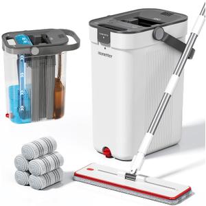 HoMettler Mop and Bucket Set, Flat Mop and Bucket System with Separate Dirty and Clean Water, 3-Compartment Wall Cleaner Mop, Flat Mops for Floor Cleaning with 6 Microfiber Pads