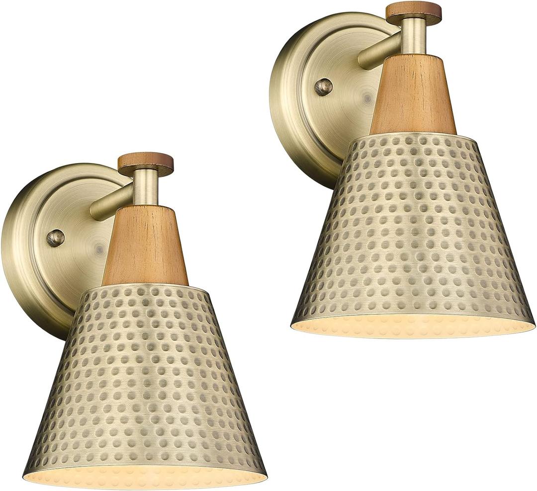 FEMILA Bathroom Light Fixtures 2 Pack, Antique Brass Vanity Light with Hammered Metal Shade, 2-Lights Bath Wall Mounted Lights Wall Lamp for Mirror Kitchen Bedroom, 4FG59B-2 BG