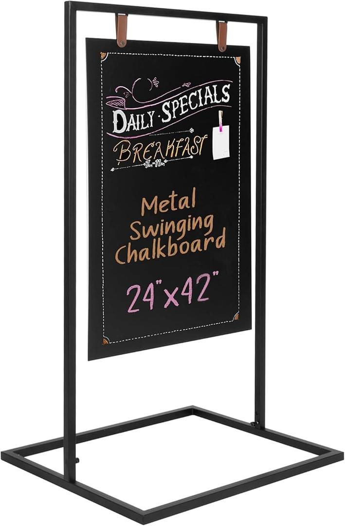 Ilyapa Metal Double Sided Swinging Chalkboard Sign - 24x42 in, Magnetic Sidewalk Sign - A Frame Chalkboard Alternative Menu Board for Restaurant