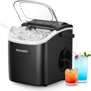 EUHOMY Countertop Ice Maker Machine with Handle, 26lbs in 24Hrs, 9 Ice Cubes Ready in 6 Mins, Auto-Cleaning Portable Ice Maker with Basket and Scoop, for Home/Kitchen/Camping/RV (Black)
