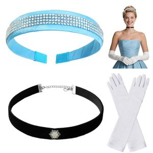 H-Style Princess Costume Accessories Set for Women - Sparkling Princess Blue Tiara Headband, Black Choker & White Gloves, Fairy Tale Dress Up Kit for Halloween 2025 Royal Party
