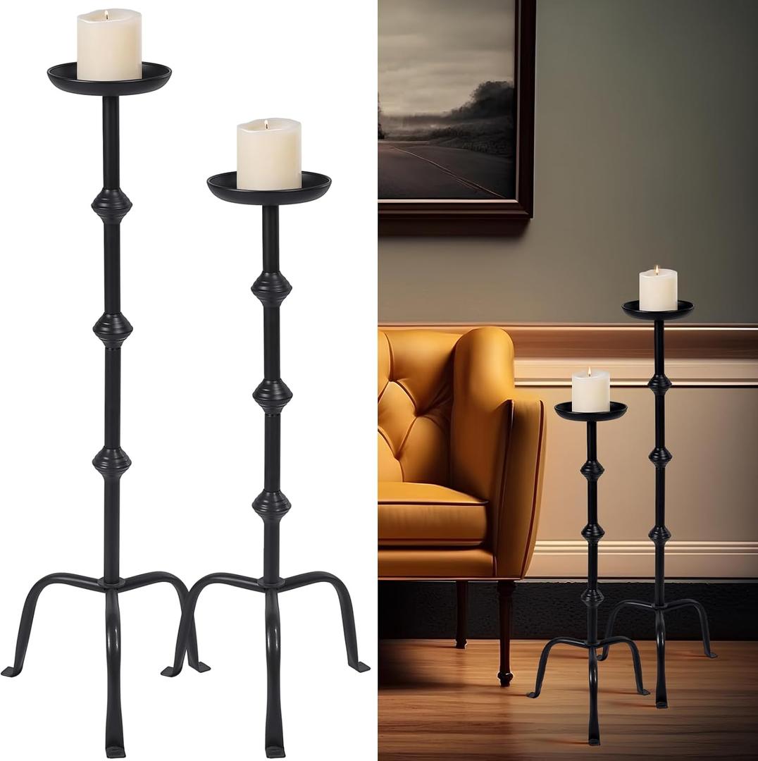 Mumufy 2 Pcs 32 Inch 27 Inch Metal Candlestick Floor Pillar Candleholder Elegant Tall Candleholder Metal Candelabra Candlesticks Holder for Formal Events Wedding Church Holiday Decor (Black)