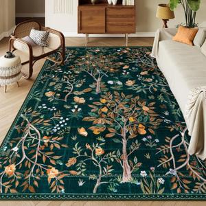 Morebes Boho Living Room Rug 8x10, Washable Kids Playroom Area Rug Non Slip, Soft Large Botanical Flower Indoor Floor Throw Carpet for Bedroom Nursery Dining Room, Dark Green