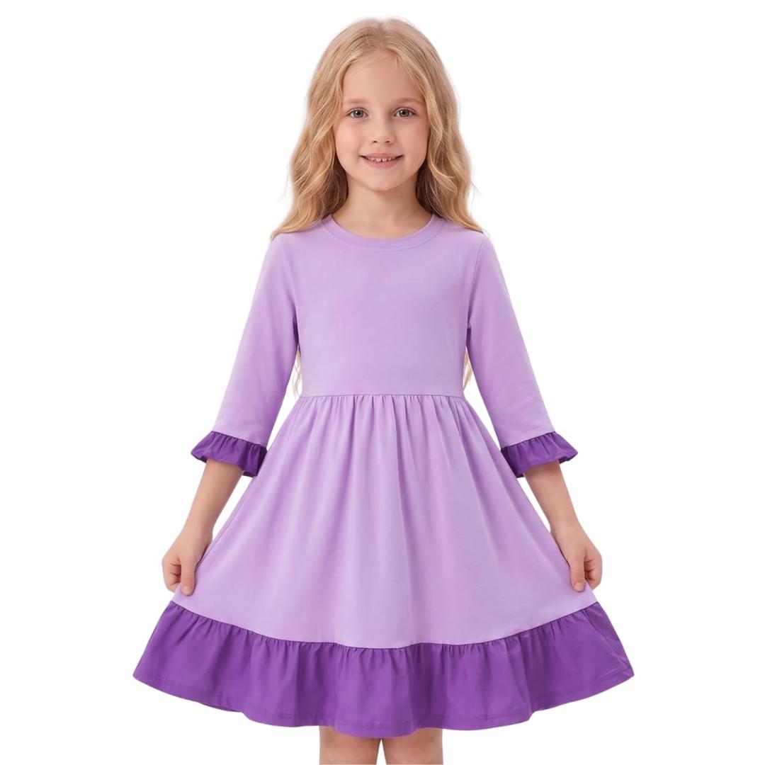 Girls Twirl Dress with Ruffle Sleeves Color Block Cotton Dress with Flare Hem,Purple,8Y (Purple)