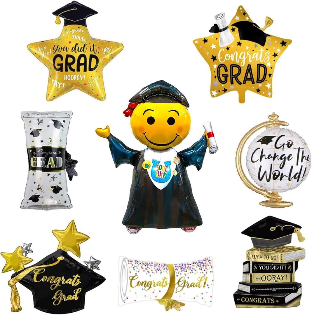 Large Congrats Grad Foil Balloons for 2025 Graduation Party Decorations, 8Pcs Mylar Balloons