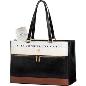 LOVEVOOK Laptop Bag for Women,15.6 Inch Vintage Work Tote Bags for Women,Leather Teacher Bag,Large Handbag Computer Briefcase (Black/White/Brown)