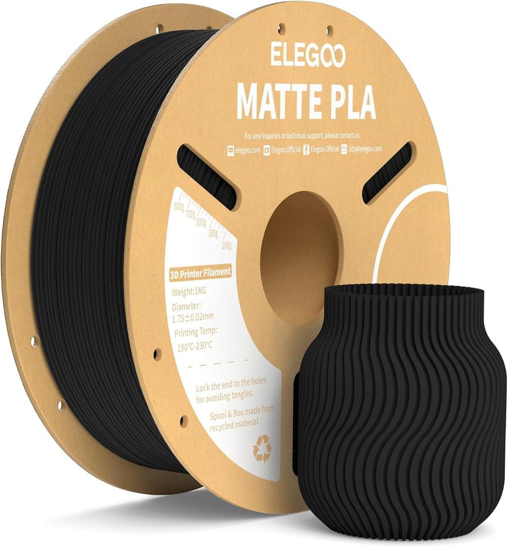 ELEGOO Matte PLA Filament Matte Black 1KG, 1.75mm 3D Printer Filament Dimensional Accuracy +/- 0.02mm, 1kg Carboard Spool (2.2lbs) Fits for Most FDM 3D Printers