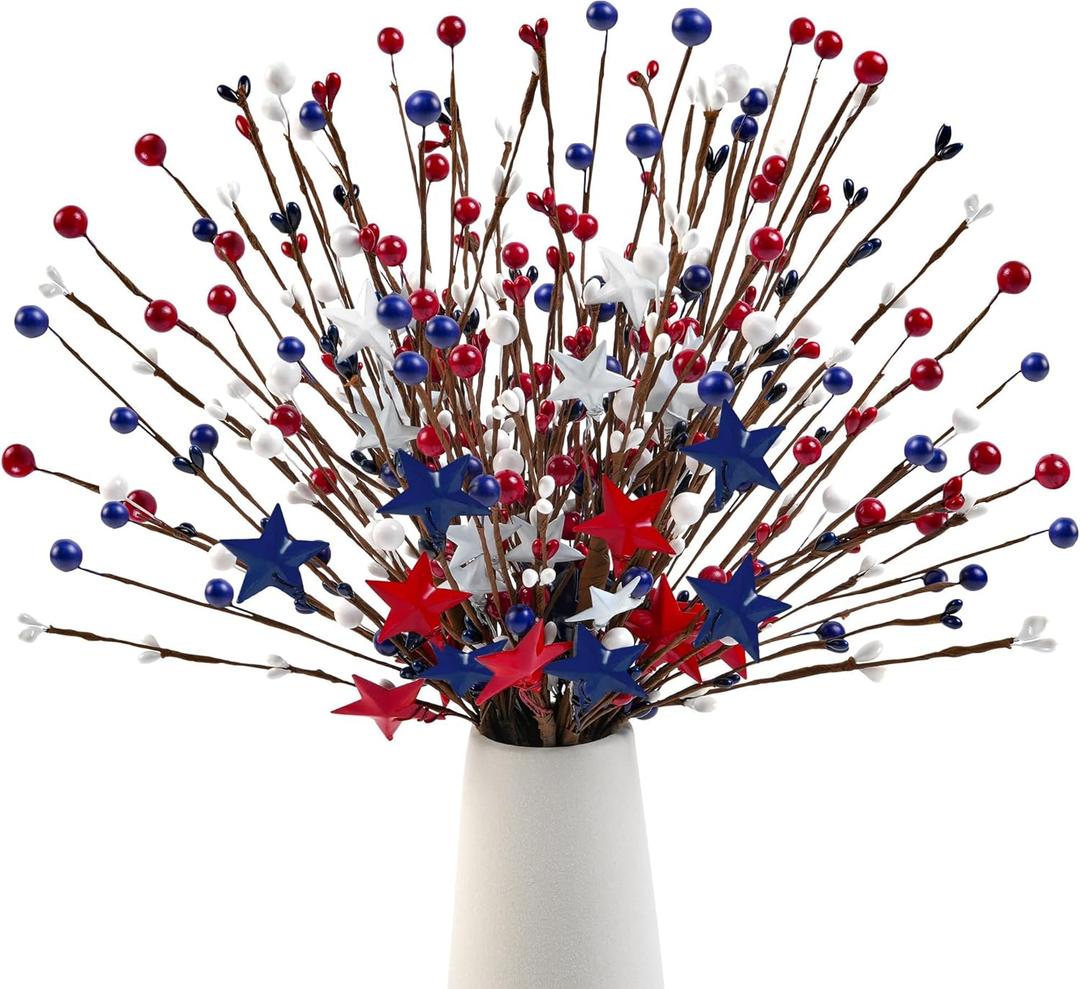 Childom 6 Pcs Red White and Blue Flowers Artificial for Memorial Day Decorations,4th of July Decorations,16 Inch Patriotic Star Accessories,Patriotic Floral Stems for Home,Party,Table Centerpieces