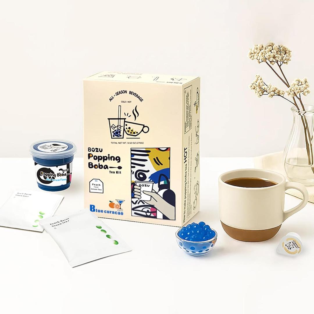 BOZU Popping Boba Kit Gift-Ready Hot or Iced Bubble Tea Set, Blue Curaao Popping Boba & Peach Green Tea, Secure Protective Packaging, 3 Servings (EXP 04/27/26)
