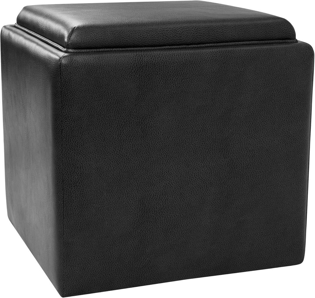 HomePop Home Decor Storage Ottoman with Tray Top|Upholstered Modern Square Storage Ottoman with Storage for Living Room & Bedroom, Black Faux Leather