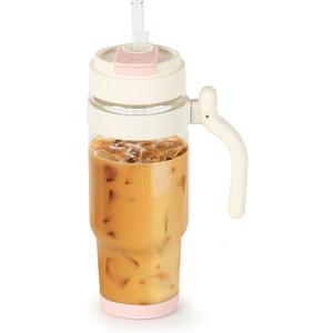 Nefeeko 32oz Glass Tumbler with Lid, Straw & Handle, Lead-Free Wide Mouth Drinking Cup for Iced Coffee, Smoothie, Water - Perfect for Office, Home, Driving & Gifts, Fits in Cup Holder (Pink)