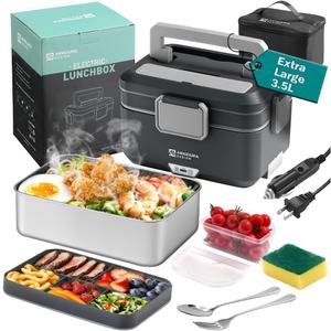 Annie & Mia Design Electric Lunch Box for Adults, 100w 3.5L 2-Layer Portable Food Warmer, Dual Mode 2.5L + 1L Heated Lunch Box for Adults, Home/Car/Office/Truck Use, Lonchera Elctrica Porttil (Steel Glacier)