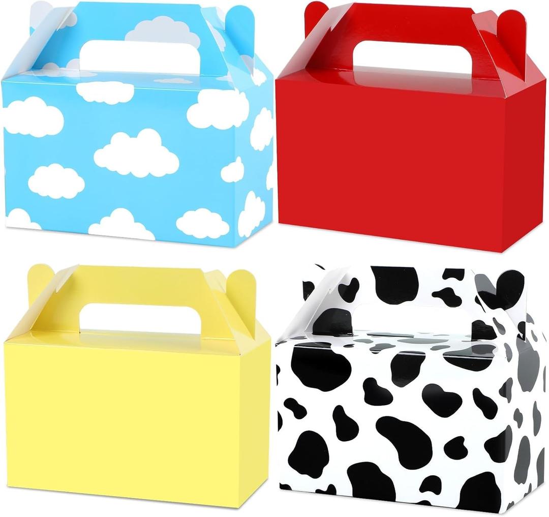 24Pcs Cartoon Story Birthday Party Favor Boxes for Toy Inspired Game Story Party Decorations Cow Print Sky Blue Cloud Treat Boxes Toy Party Goodies Boxes for Kids Baby Shower Party Supplies 5.95.93