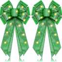 Giegxin 2 Pcs Large Dark Green Lighted Christmas Bows with Lights for Wreath and Tree Topper, 18x10 Inch Pre-Lit Wreath Bow Light up for Christmas Decorations for Front Door Windows Outdoor Indoor