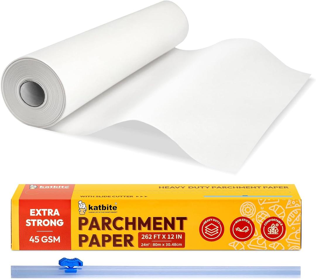Katbite Heavy Duty Parchment Paper Roll for Baking, 12 in x 262 ft Non-Stick Baking Paper for Cooking, Baking Cookies, Grilling, Air Fryer and Steaming (1Pack) (White)