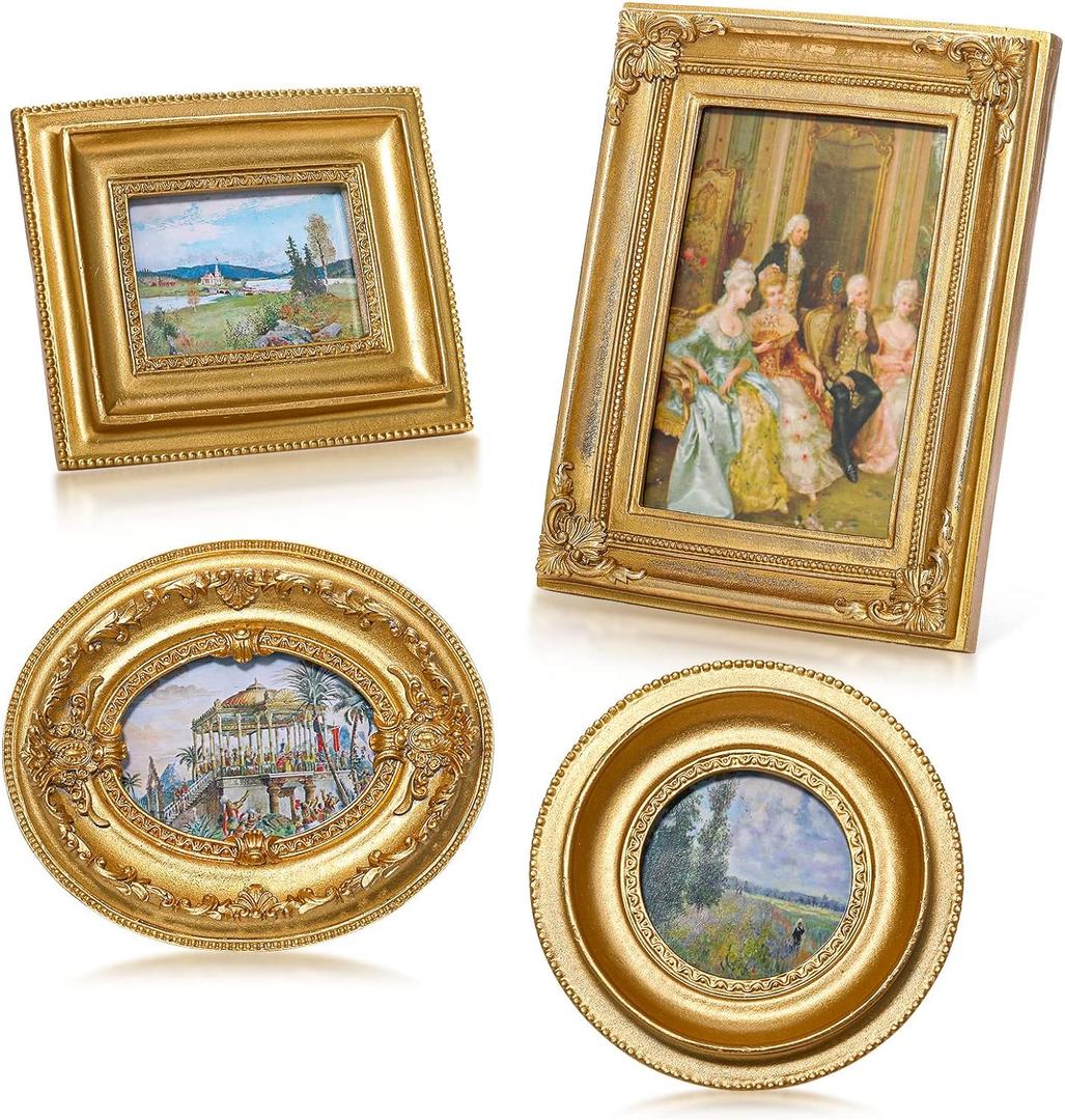 Geetery 4 Pcs Vintage Frames Set, Mini Antique Picture Frame Small Luxury Ornate Oval Circle Rectangle Wall Hanging for Gallery Wall Photo Display Tabletop Home Decor (Gold) Geetery 4 Pcs Vintage Frames Set, Mini Antique Picture Frame Small Luxury Ornate Oval Circle Rectangle Wall Hanging for Gallery Wall Photo Display Tabletop Home Decor (Gold)