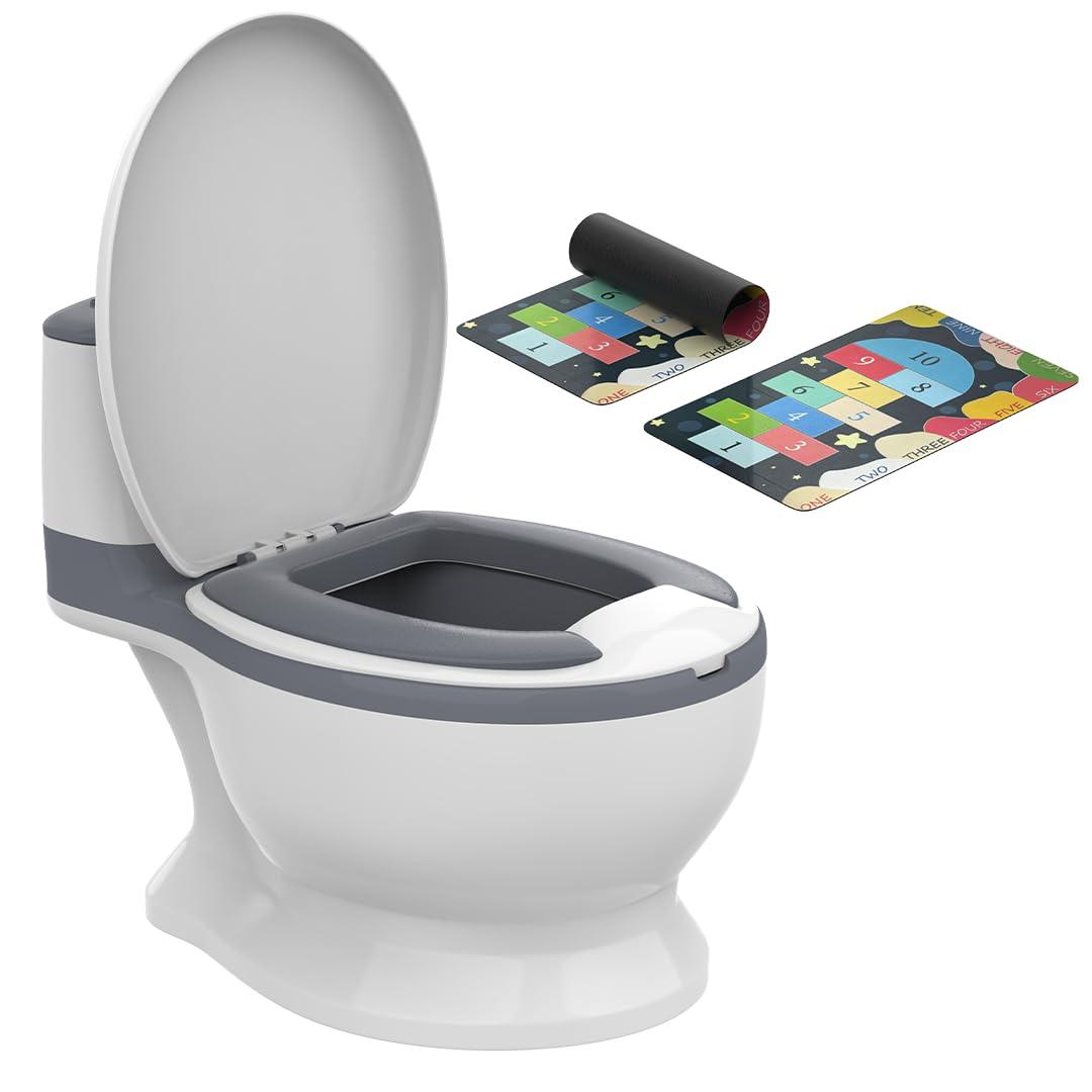 Toddler Potty Training Toilet with Diatomaceous Earth Mat Realistic Toilet for Toddlers with Lid, Splash Guard & Non-Slip Base Baby Potty Training Toilet with Bonus Tic-Tac-Toe Play Mat