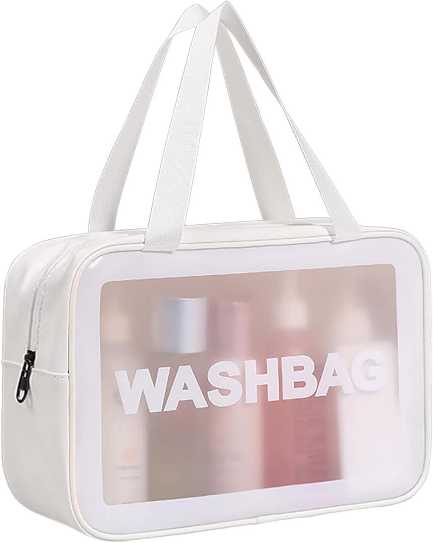 Travel Toiletry Bag for Women and Men, Matte Translucent Toiletry Bag with Handy Handle, Makeup Cosmetic Organizer Bag for Travel Toiletries Accessories (White)