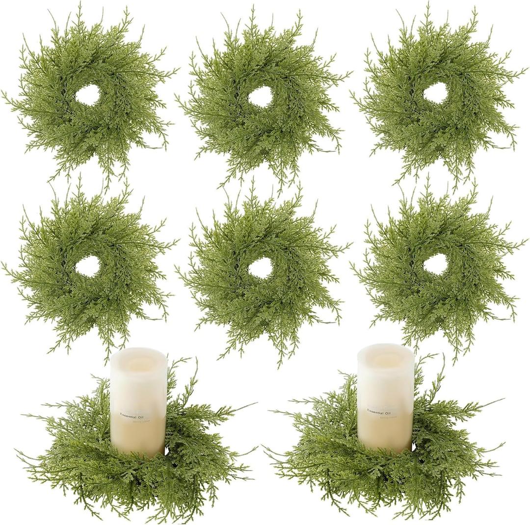 8 Pcs Cedar Wreath Candle Ring Mini Wreath Outer 8.7 Inch Artificial Pine Garland Candle Ring Holder for Christmas Cabinet Table Chair Windows Wedding Doors Xmas Tree Centerpiece Decorations