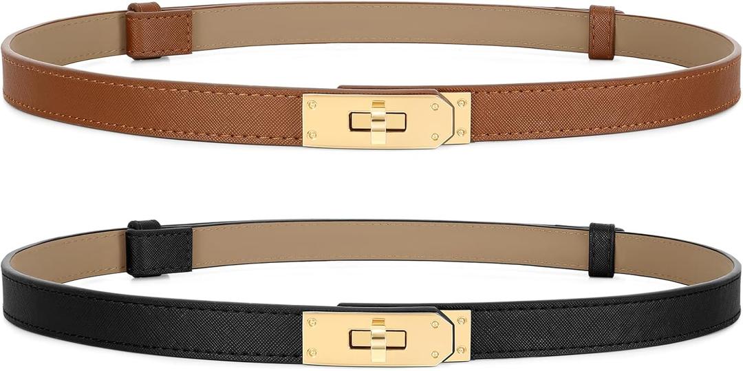 2 Pack Women Skinny Leather Belt for Dresses Jeans Solid Color Alloy Turn Lock (Fits Size 23-33, Black+brown)
