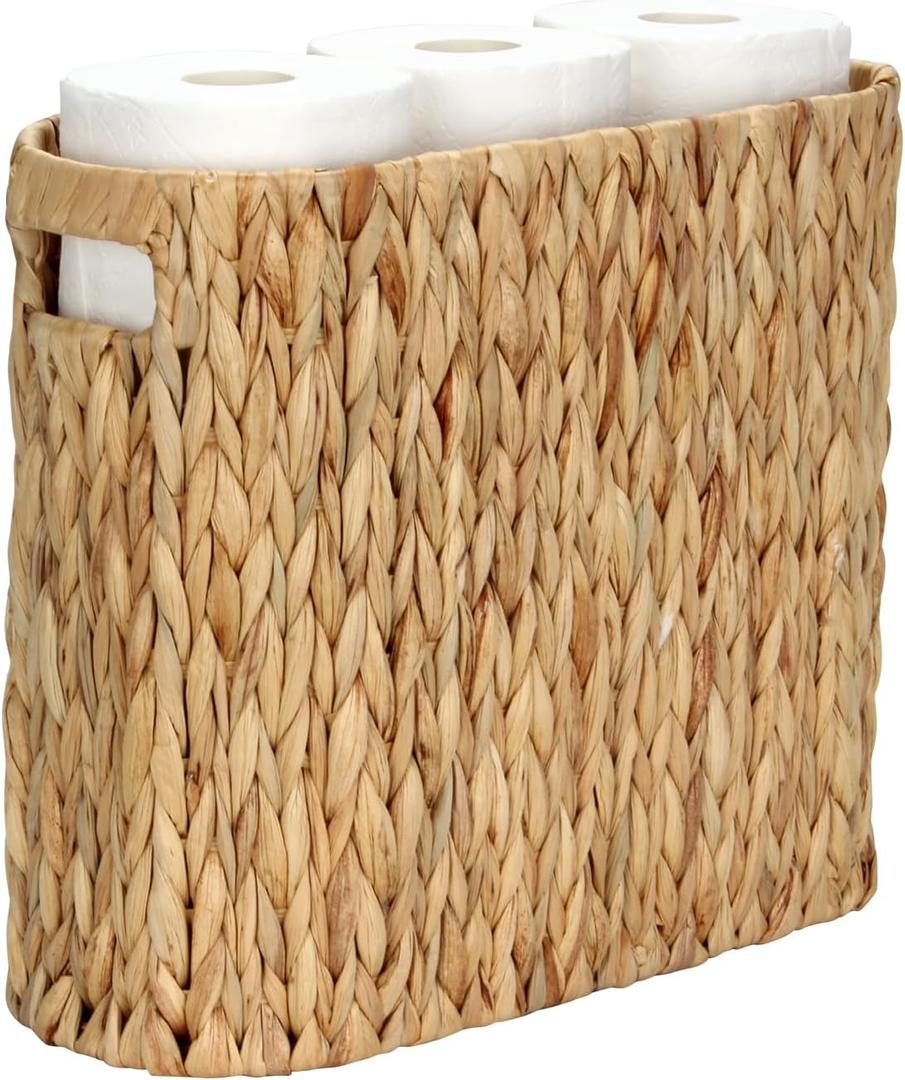 Wicker Toilet Paper Holder Stand Basket, 9 Rolls Toilet Paper Storage Basket Bathroom Organizer with Handles, Water Hyacinth Toilet Paper Organizer for Bathroom Storage