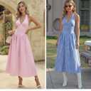 Wenrine Womens Halter V Neck Corset Maxi Dresses Summer Plaid Smocked Tie Back Backless Wedding Guest Drop Waist Dress (Yellow, L)