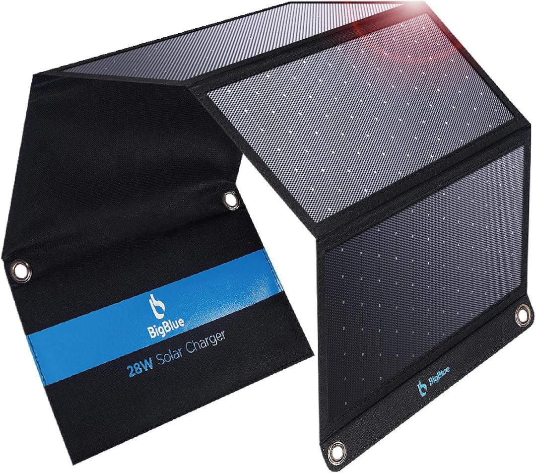 [Upgraded] BigBlue 3 USB Ports 28W Solar Charger(5V/4.8A Max), Portable Foldable Solar Panel for Camping, IP44 Waterproof, Compatible with iPhone 11/XS/XS Max/XR/X/8/7, iPad, Samsung Galaxy LG etc. (Black)