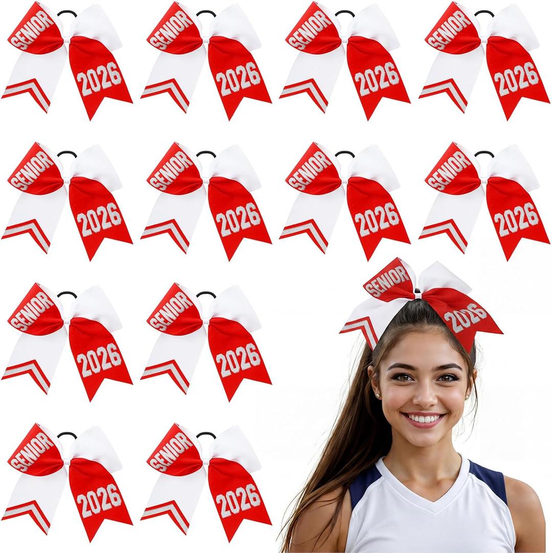 12 Pcs Senior 2026 Hair Bows with Glitter Letter Sparkly Bow Hair Accessories for Baseball, Rugby, Cheerleader, and Sport Teams(Red)