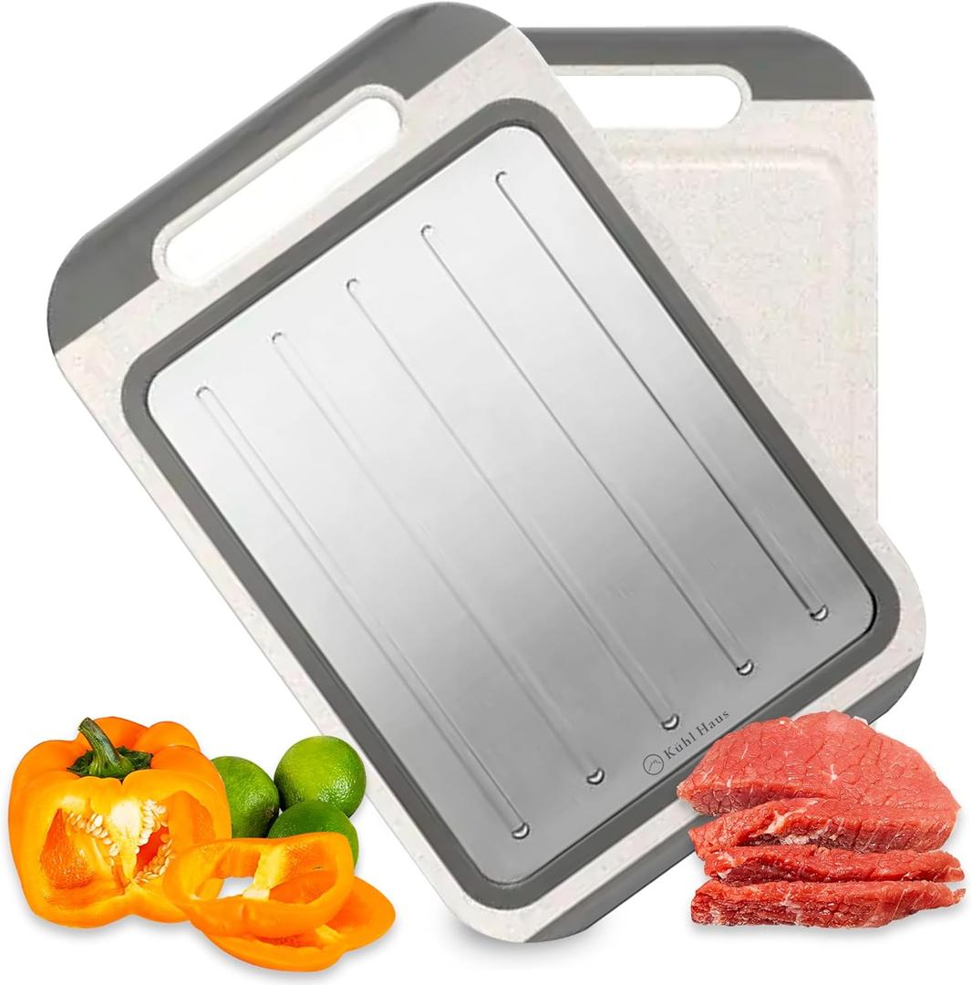 Double Sided Cutting Board - 2-Sided Chopping Boards for Kitchen - Versatile Wheat Straw PP, Stainless Steel Cutting Board for Meat, Fruit, Vegetables - Easy Cleaning Food-Safe BPA-Free - 9.8"x14.5"