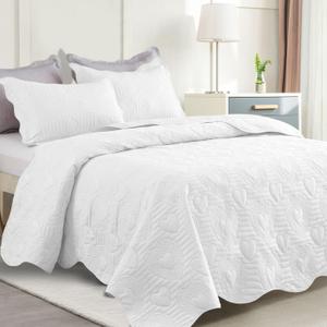 Full/Queen Size Quilt Set 3 Pieces, Soft Lightweight Summer Bedspread, Reversible Microfiber Bed Coverlet for All Seasons, White, Heart Pattern (1 Quilt, 2 Pillow Shams) (Full/Queen (90"x96"))