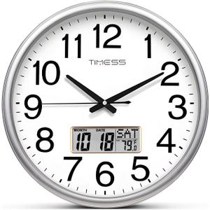 Wall Clock, 13 Inch Non-Ticking Silent Battery Operated Quartz Analog with LCD Display for Perpetual Calendar and F Temperature, Ideal Modern Home, Bedroom, Kitchen, Office Dcor (Sliver)