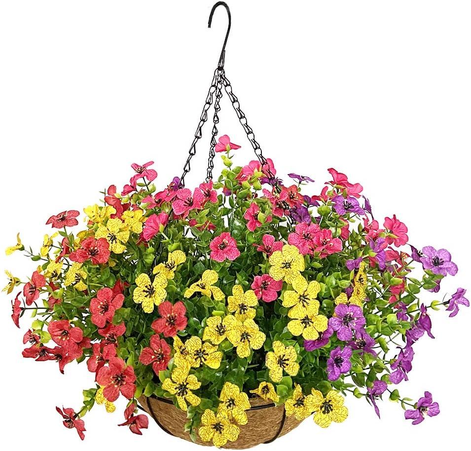 Artificial Flowers in Basket,Artificial Hanging Baskets with Flowers for Outdoor Indoor Courtyard Decor,12 inch Coconut Lining Basket for Patio Garden Porch Deck Decoration (Multi Color)
