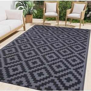 Smiry Waterproof Outdoor Rug 5x8ft, Reversible Plastic Straw Patio Camping Rugs, Outdoor Indoor RV Mat Carpet for Patio, Outside Entry, Backyard, Deck, Bench, Picnic, Camper, Black & Grey